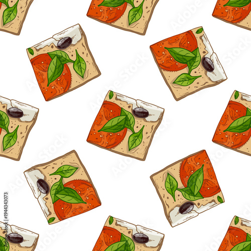 Hand drawn vintage seamless pattern with Italian bruschetta toast tomato basil olive Mediterranean food illustration