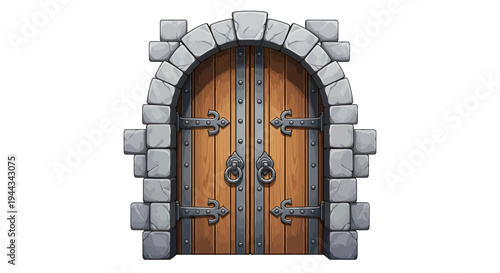 Medieval Wooden Castle Door with Stone Archway - Fantasy Gate Entrance Illustration