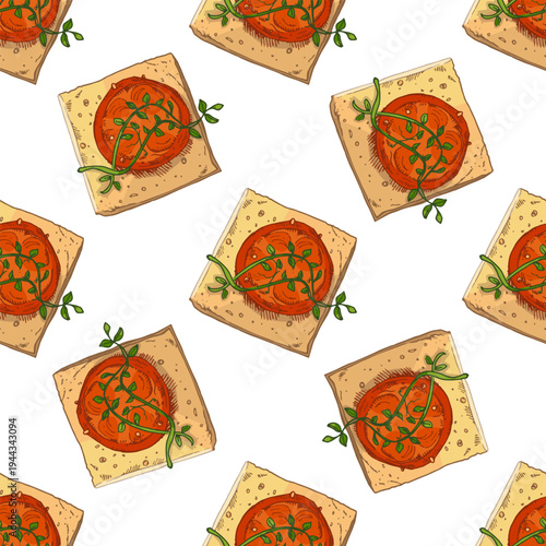 Hand drawn vintage seamless pattern with Italian bruschetta toast tomato thyme herb Mediterranean food illustration