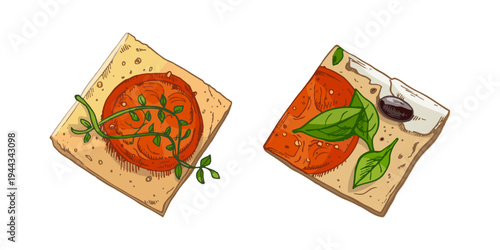 Hand drawn vintage Italian bruschetta toast with tomato basil olive cheese Mediterranean appetizer illustration