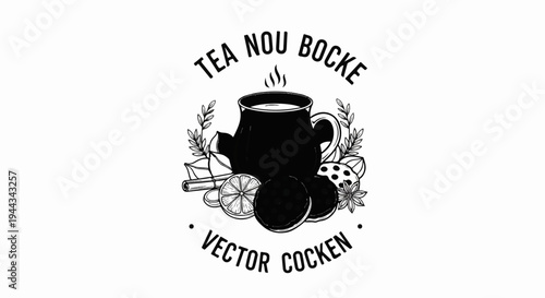 Black teapot with steam, surrounded by fruit slices, spices, and leaves