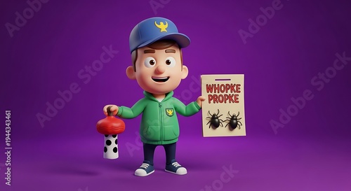 Cartoon character holding a mushroom and a sign on a purple background