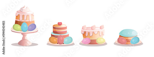 Set of Easter desserts and cakes decorated with colorful eggs. Sweet festive food collection isolated on light background.