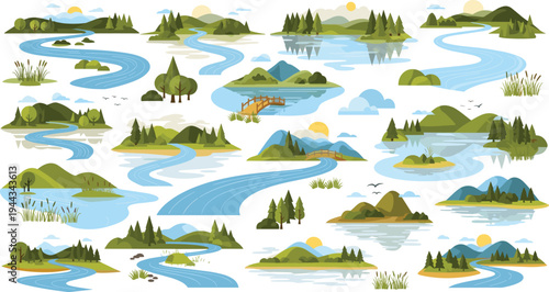 River Landscape Nature Illustration Set with Mountains Forest Lakes Islands Bridges Flowing Water and Scenic Outdoor Environment Vector Collection