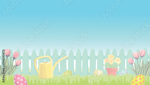 An Easter basket with a bow and colorful eggs. The Easter basket with eggs sits in a beautiful flower garden. Collecting eggs. Happy Easter. Postcard.