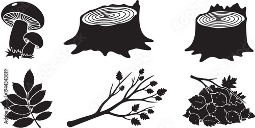 Black and white forest elements illustrations set