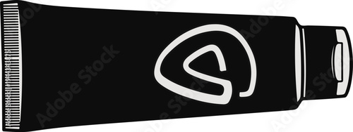 Black tube with white ribbed end and stylized white circular emblem