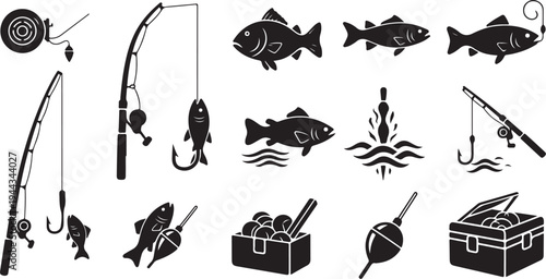Fishing icons and equipment on white background illustration set