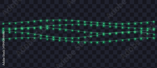 Bright green glowing string lights arranged in horizontal wavy lines on a dark transparent checkerboard background