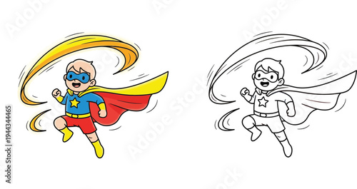 Cartoon Superhero Boy Flying with Cape - Dynamic and Playful Illustration for Kids