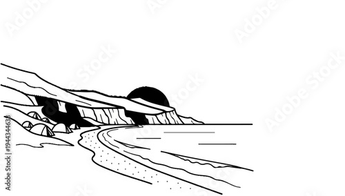 Black and white illustration of a coastal scene with tents at sunrise