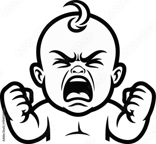 Black and white illustration of a crying or angry baby's face with fists clenched