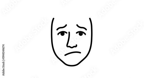 Sad Face Icon, Emotion, Negative Feeling, Simple Line Drawing, Isolated on White