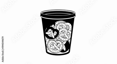 Black and white illustration of a cup full of pretzels, a simple snack