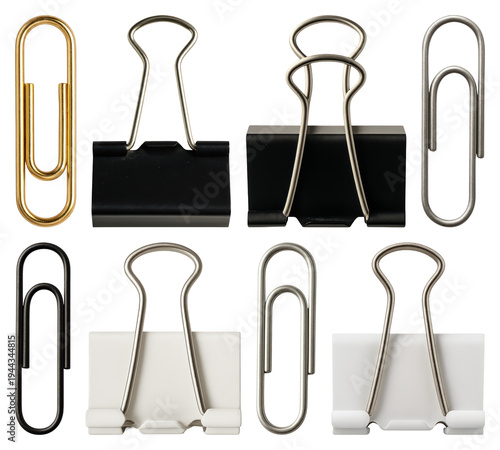 PNG Assorted binder clips paperclips collection on transparent background