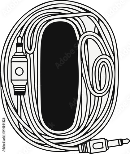 Black and white illustration of a coiled audio cable with connectors