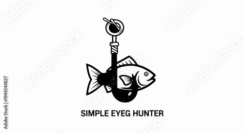Black and white illustration of a fish hooked on a stylized fishing lure