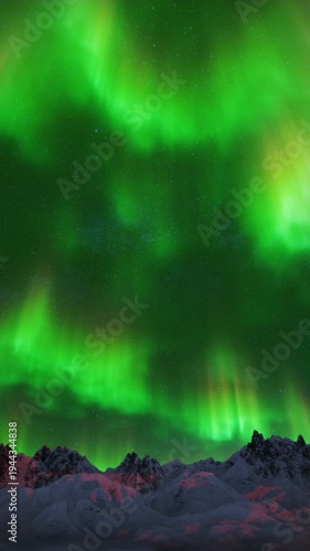 Breathtaking aurora borealis illuminates snowy mountains with a mystical glow of aether energy at night