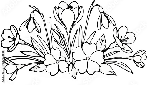 Black and white illustration of a floral arrangement featuring various spring blossoms