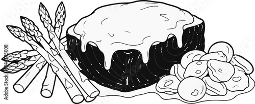 Black and white illustration of a gourmet meal with asparagus and potatoes