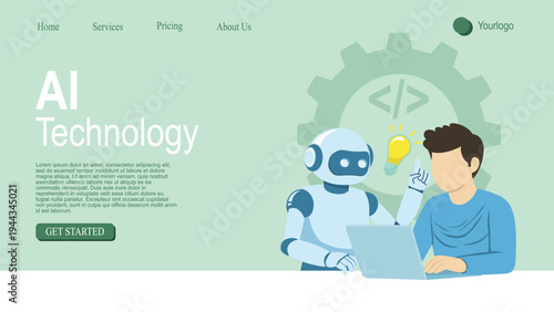 Vector landing page or banner template with illustration of Robot assistant helping human working on laptop, AI Assistant Automation concept