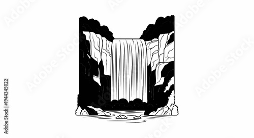 Black and white illustration of a grand waterfall cascading down rocky cliffs