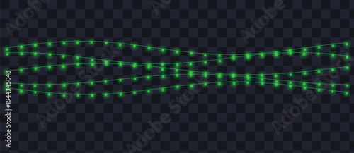 Bright green glowing string lights arranged neatly in three horizontal lines on a dark pattern background