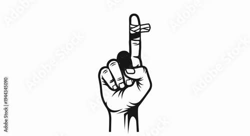 Black and white illustration of a hand with index finger raised, bandaged tip