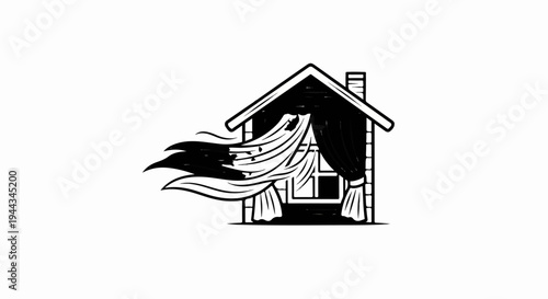 Black and white illustration of a house with curtains blowing wildly