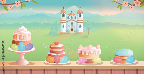 Traditional Easter cakes and colorful eggs placed on a table with church and spring landscape in the background. Festive religious holiday illustration symbolizing celebration and tradition.