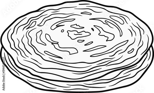 Black and white illustration of a layered, flat bread with a swirled pattern