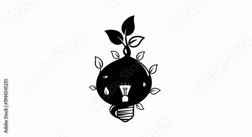 Black and white illustration of a light bulb with a growing plant
