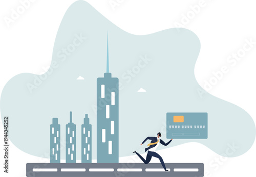 Credit card theft .man stealing personal data and identity in bank, criminal running down city.person's life situation and his activities.