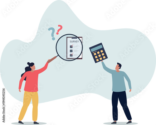 Sociology illustration.people look through magnifying glass at survey results, sociologists research society.person's life situation and his activities.