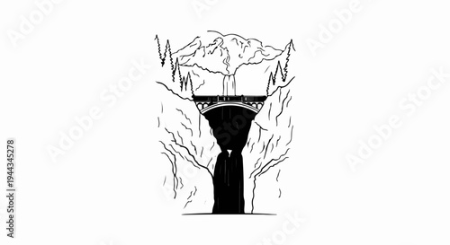 Black and white illustration of a grand bridge over a waterfall in a mountainous landscape
