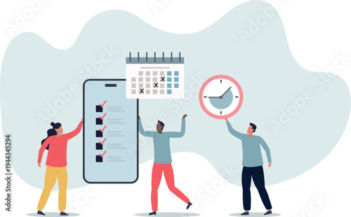 Time management.Cartoon tiny people schedule business tasks of month in calendar timetable.organize important appointment in organizer mobile app.person's life situation and his activities.