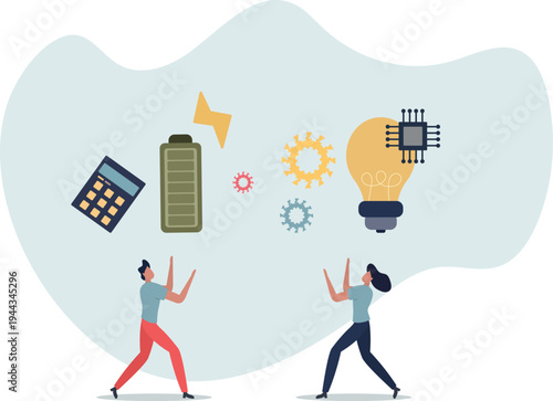 Business idea, success project generation.work battery and light bulb to generate creative innovation and new alternative solutions.person's life situation and his activities.