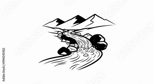 Black and white illustration of a mountain stream cascading over rocks into a flowing river
