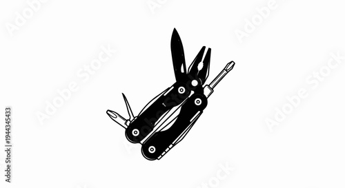 Black and white illustration of a multi-tool with pliers, blade, and screwdriver