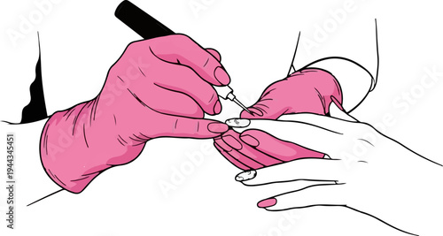 Artist applies detail to fingernail with tool while wearing pink gloves