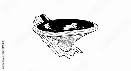 Black and white illustration of a mushroom on wood