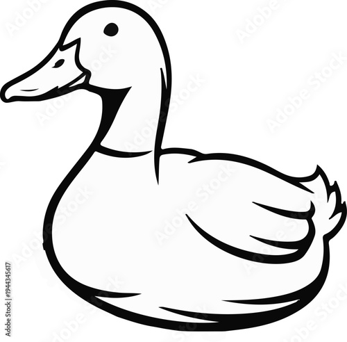 Black and white illustration of a plump duck facing left