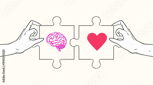 Wellness, body and brain harmony, meditation or healthcare concept. Female or male character hands hold heart and human brain puzzle. Mental and physical health, connection or balance in doodle style