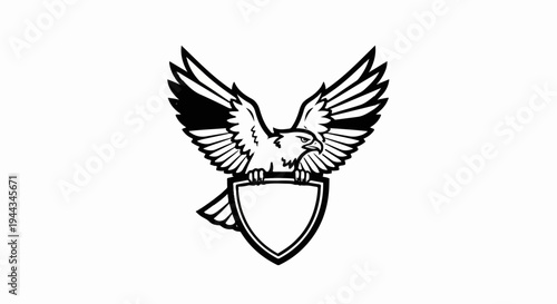 Black and white illustration of a predatory bird with outstretched wings above a shield