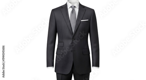 A well-dressed mannequin wearing a stylish black pinstripe suit with a white shirt