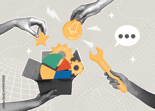 Collaboration and teamwork. Trendy halftone collage. Co-creation of ideas. Concept of uniting for success, collaboration, optimization, and joint research. Vector illustration.