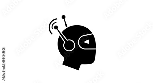 Robot Head Icon with Antennae and Signal Waves, Futuristic Technology Concept