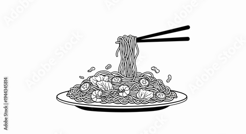 Black and white illustration of a plate of noodles with shrimp and vegetables, lifted by chopsticks