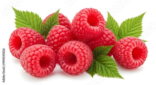 A vibrant cluster of fresh raspberries with green leaves on a white background