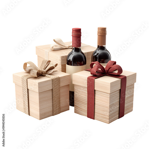 Two bottles of red wine with gift boxes and ribbons